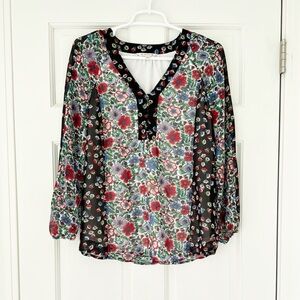 NANETTE LEPORE top size XS black white red floral longsleeve v-neck boho peasant